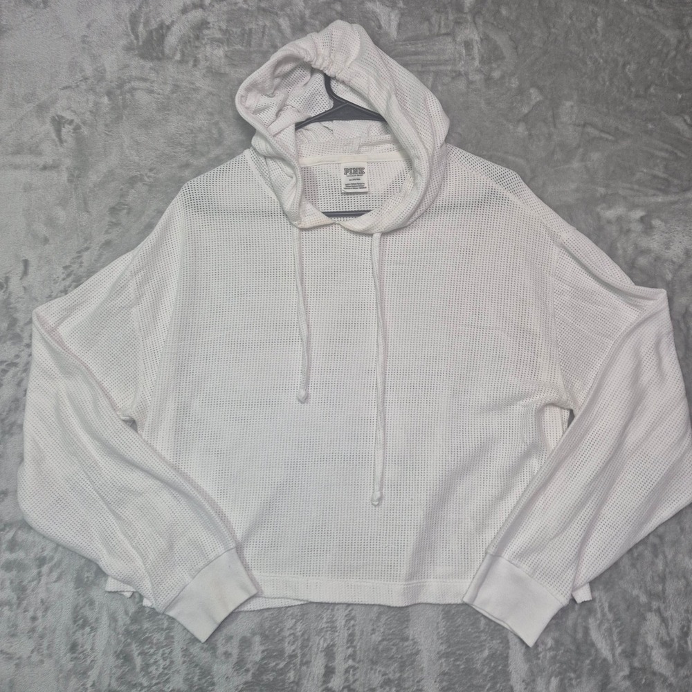 PINK Victoria's Secret White Mesh Pullover Hoodie Long Sleeve Cropped Top Medium